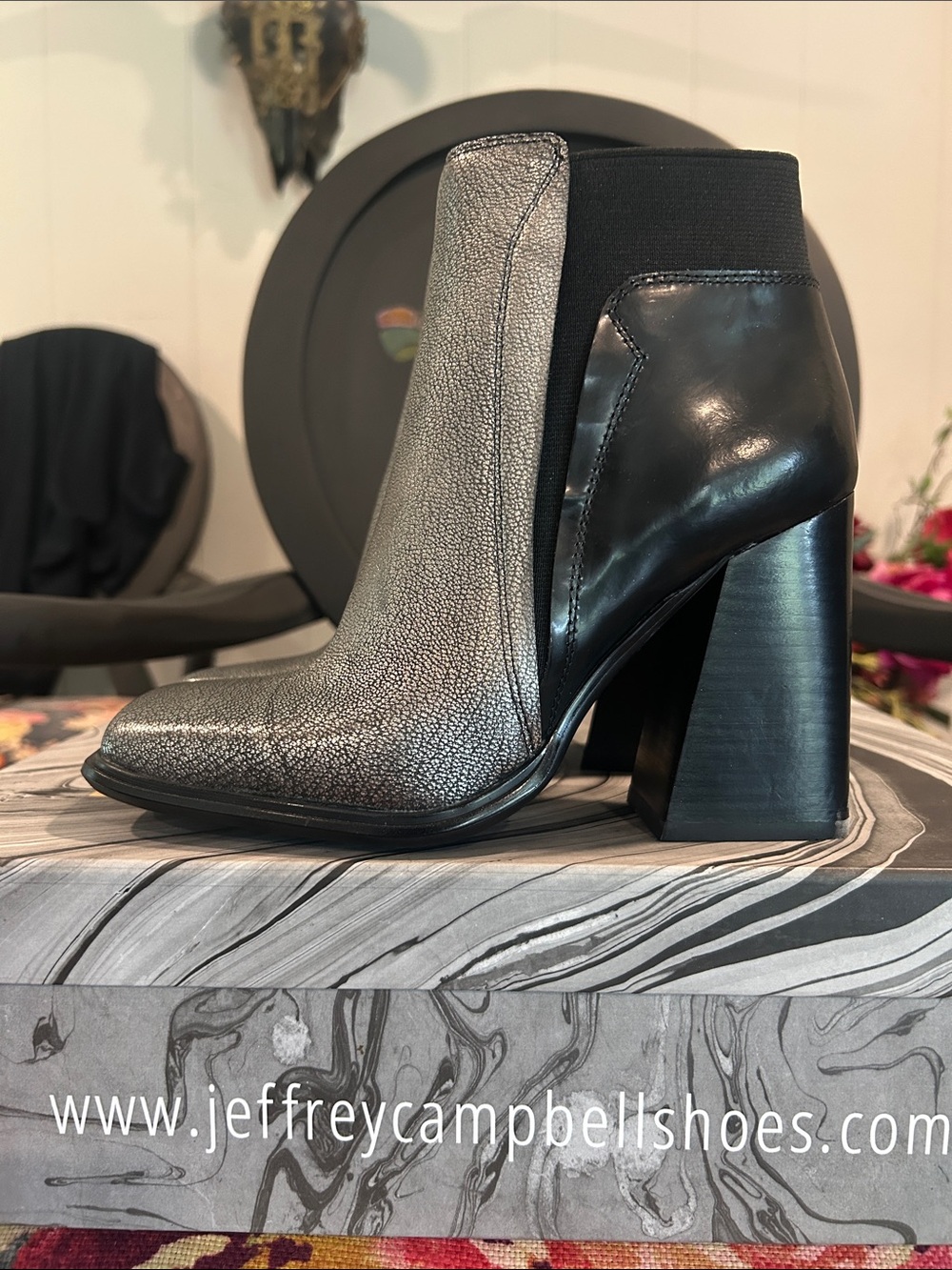 Jeffrey Campbell Silver and Black Leather Block Heel Ankle Boots